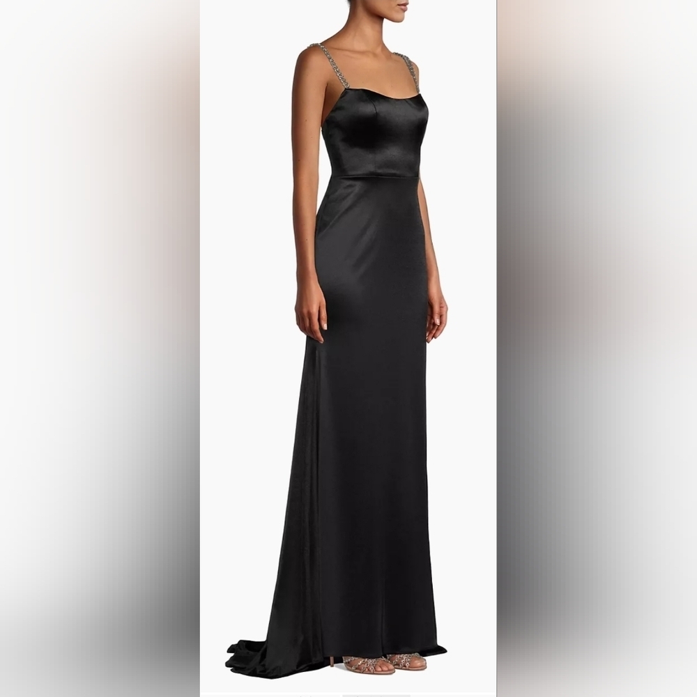 Mac Duggal Black Satin Gown with Embellished Straps - Picture 4 of 16